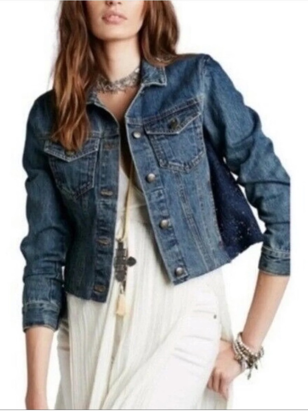 Free People Lace Panel Dark Blue Raw Hem Cropped Denim Jean Jacket Medium